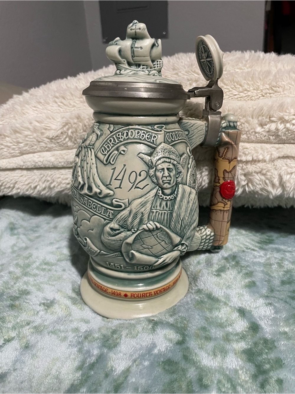 Avon Gray Ceramic Commemorative Stein with Tan Map-Handle